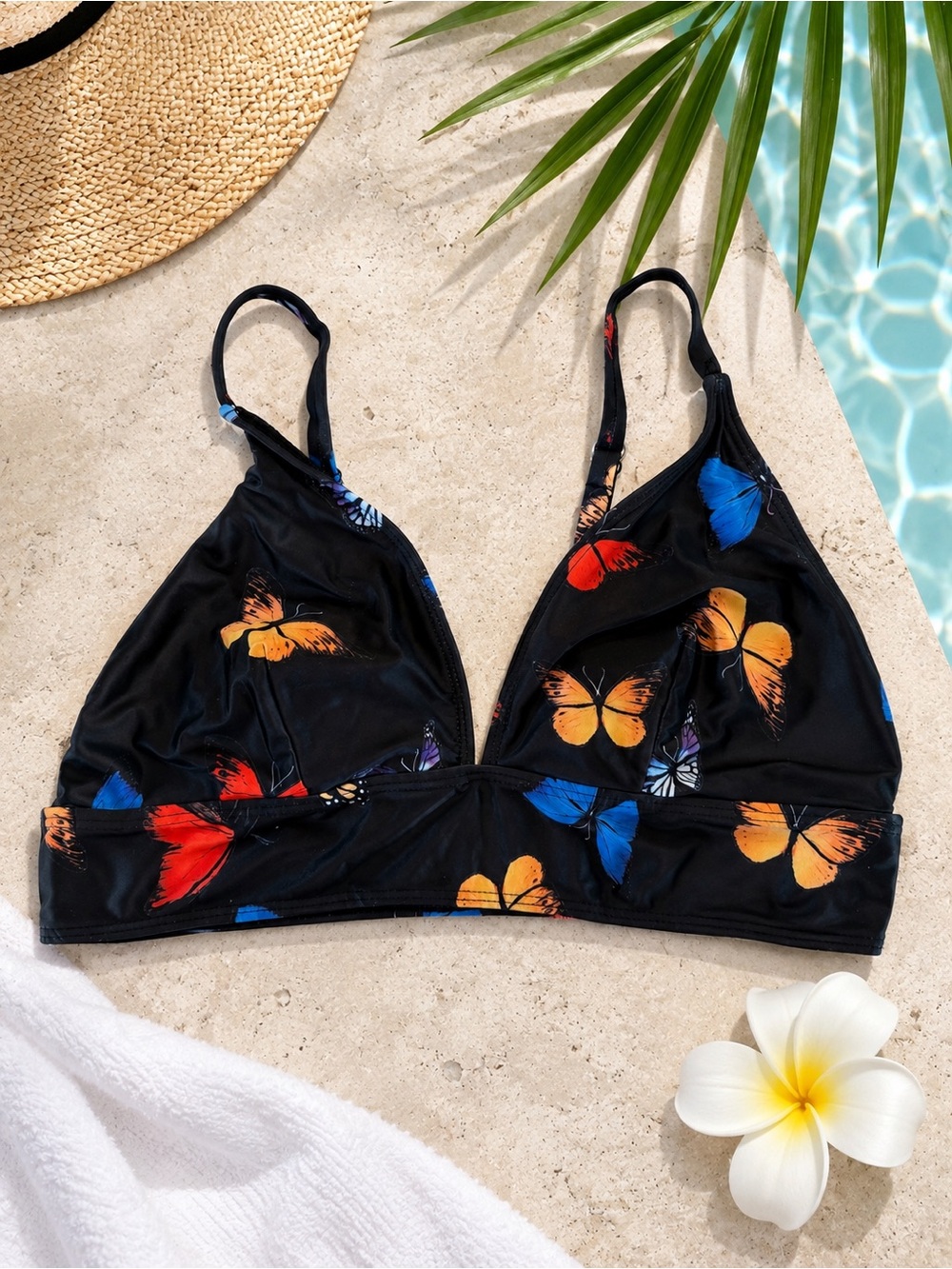 Butterfly Print Triangle Bikini Top Womens 0XL Black Adjustable Swim Top Plus